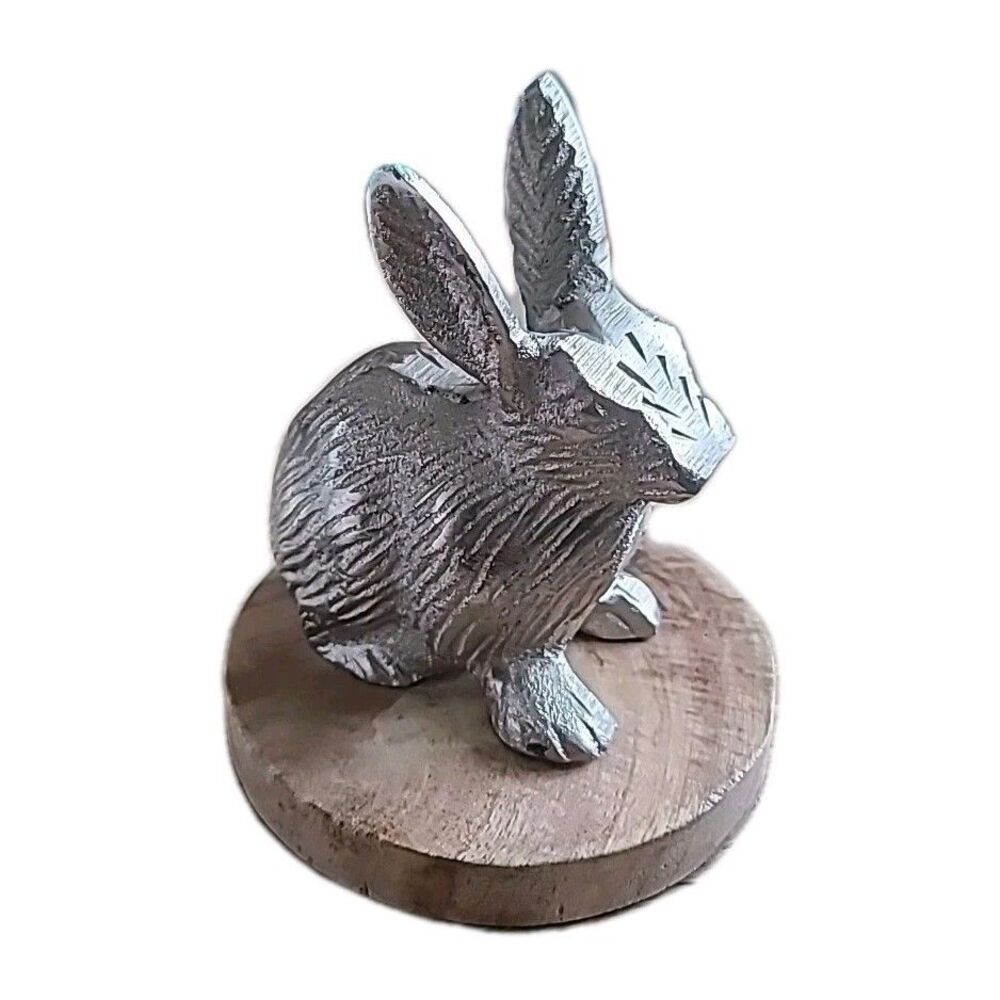 Vintage Cast Metal Silver Tone Bunny Rabbit Round Solid wood Pedestal Easter